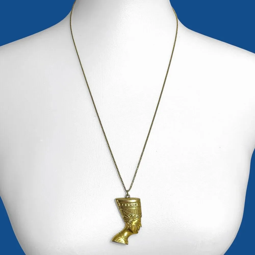 Vintage Egyptian Style Pendant Necklace Gold Tone Pharoah Nefertiti 1.5